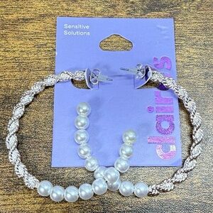 Claire's Silver Twisted Hoop and Pearl Earrings NWT
